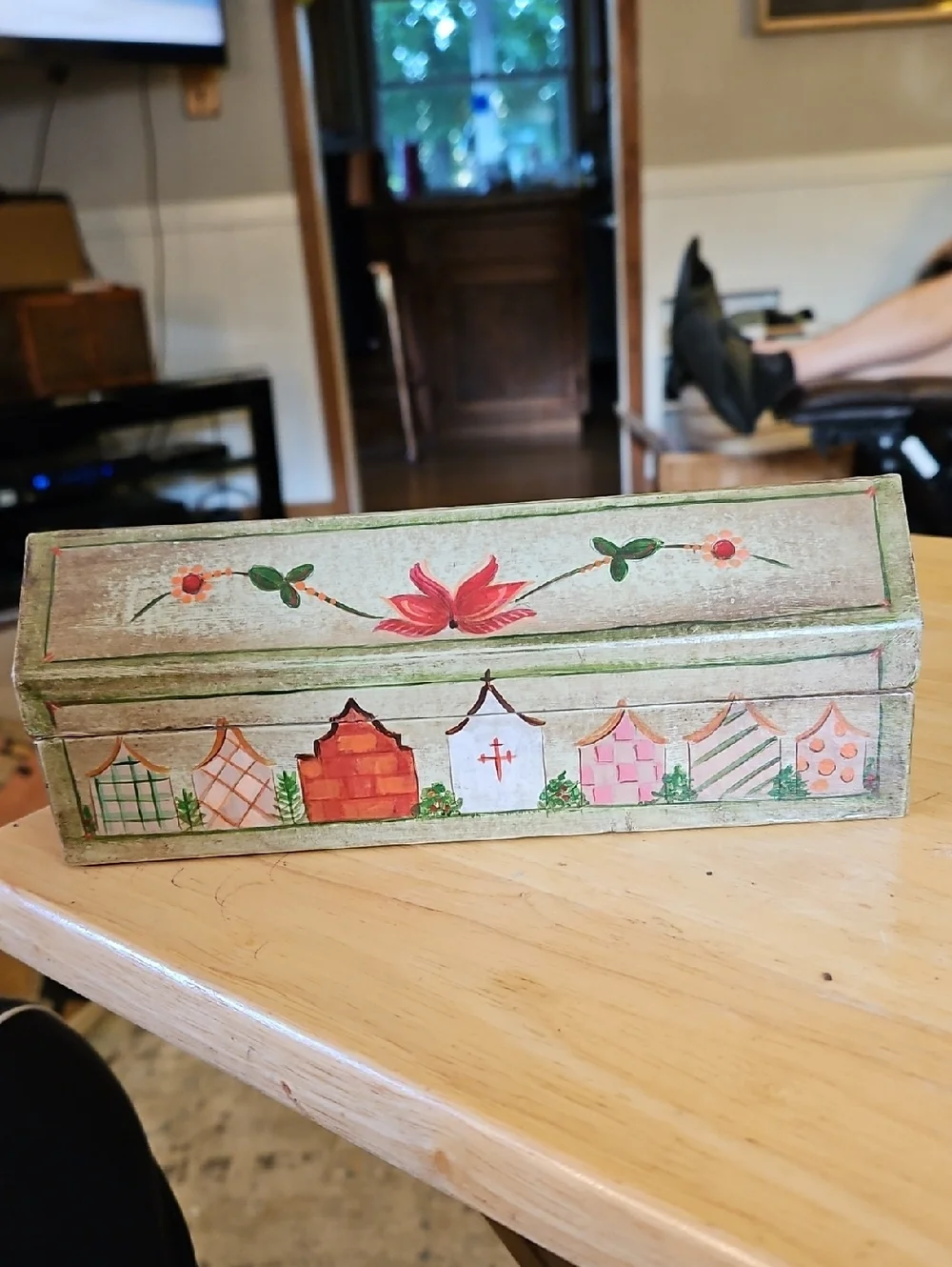 Hand-Painted Floral Wooden Trinket Box in Green and Pink